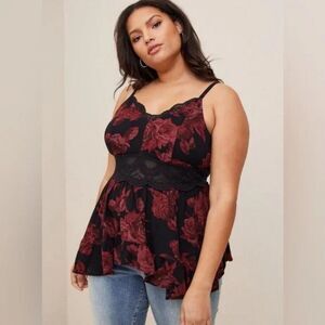 Torrid Babydoll Gauze With Lace Inset Cami Red Black Floral Pattern Size 3